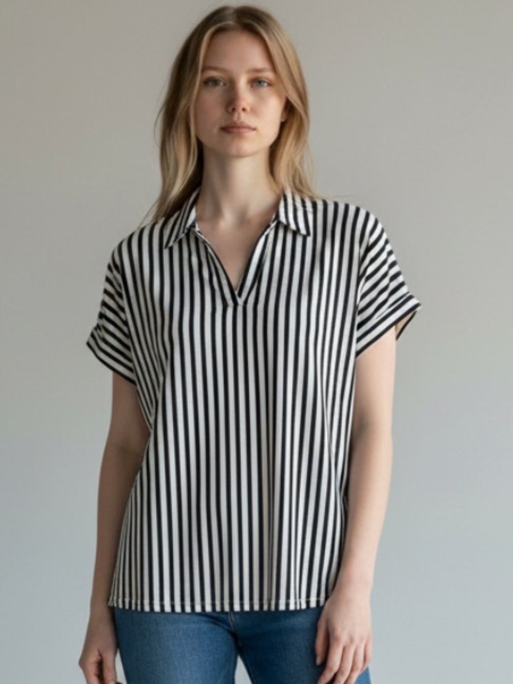 Adrianna Papell Black and White Vertical Stripe Short-Sleeve Polo